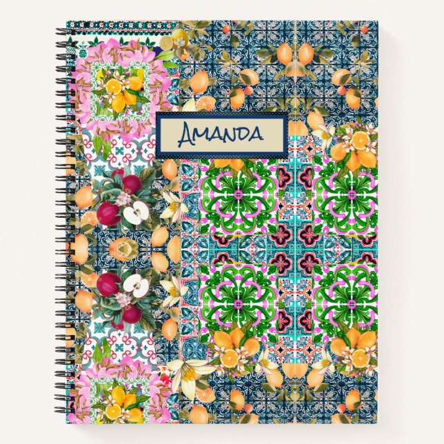 Chic blue pink sicilian citrus floral tiles dopp notizbuch (Vorderseite)