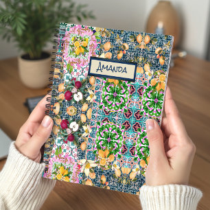 Chic blue pink sicilian citrus floral tiles dopp notizbuch