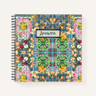 Chic blue pink sicilian citrus floral tiles dopp notizbuch