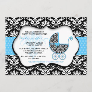 Chic Blue Polka Dot Damask Babydusche Einladung