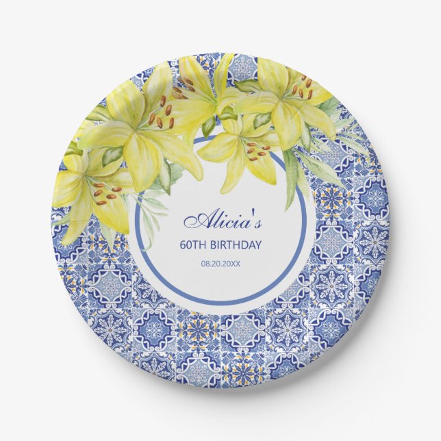 Chic Blue Portugiesisch Azulejo Yellow Lily Geburt Pappteller (Vorderseite)