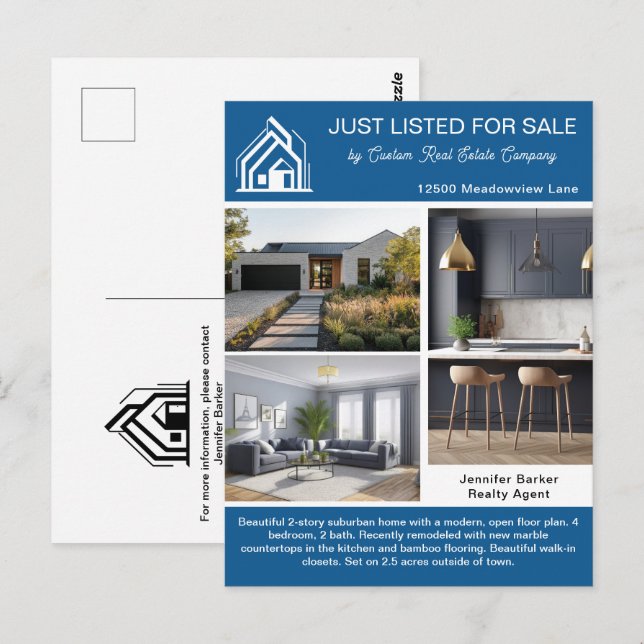 Chic Blue Real Estate Company House Listing Postkarte (Vorne/Hinten)