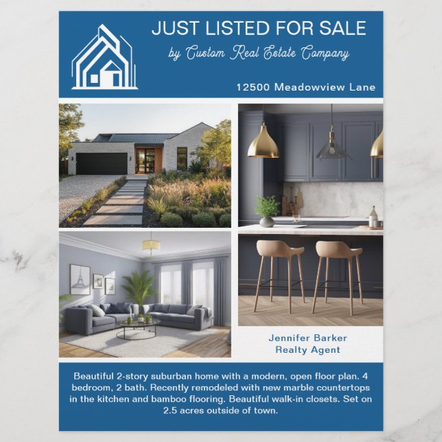 Chic Blue Real Estate Home Listing 2 Sided Flyer (Vorne)