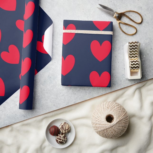 Chic blue &red hearts valentine geschenkpapier (Kunsthandwerk)