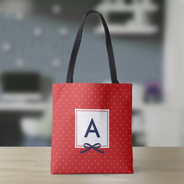 Chic Blue Ribbon Red Polka Dot Muster Monogramm Tasche (Von Creator hochgeladen)