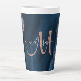 Chic Blue Rose Gold Agate Custom Script Monogram Milchtasse