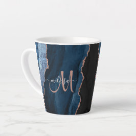 Chic Blue Rose Gold Agate Custom Script Monogram Milchtasse