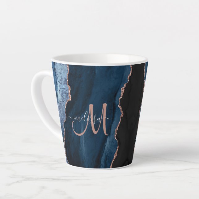 Chic Blue Rose Gold Agate Custom Script Monogram Milchtasse (Linke Ecke)
