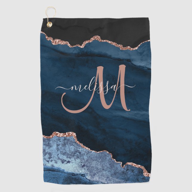 Chic Blue Rose Gold Agate Glitzer Custom Monogram Golfhandtuch (Vorderseite)