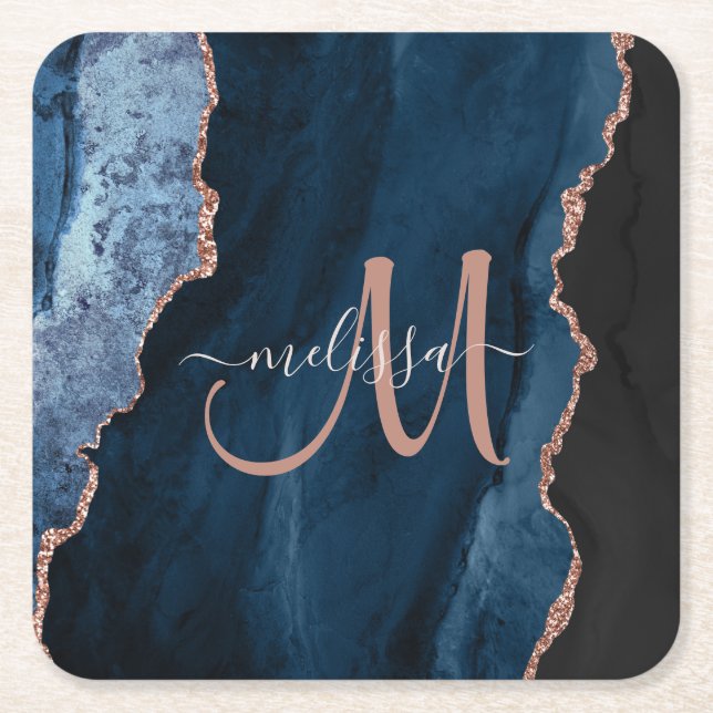 Chic Blue Rose Gold Agate Script Monogram Custom Rechteckiger Pappuntersetzer (Vorderseite)
