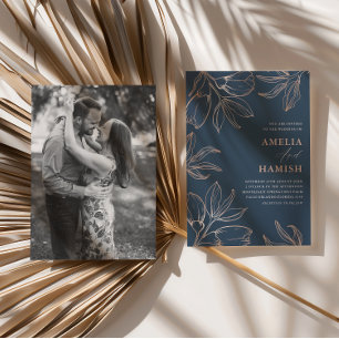Chic Blue & Rose Gold Foliage 1 Foto Hochzeit Einladung