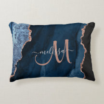 Chic Blue Rose Gold Glitzer Agate Custom Monogram