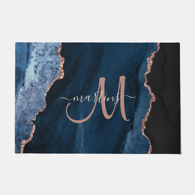 Chic Blue Rose Gold Glitzer Agate Custom Monogram Fußmatte (Vorderseite)