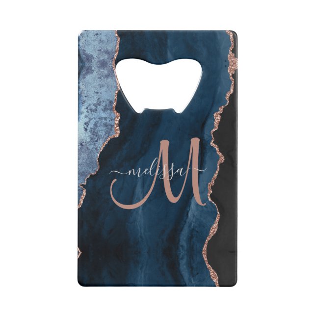 Chic Blue Rose Gold Glitzer Agate Custom Monogram Geldbeutel Flaschenöffner (Vorderseite)
