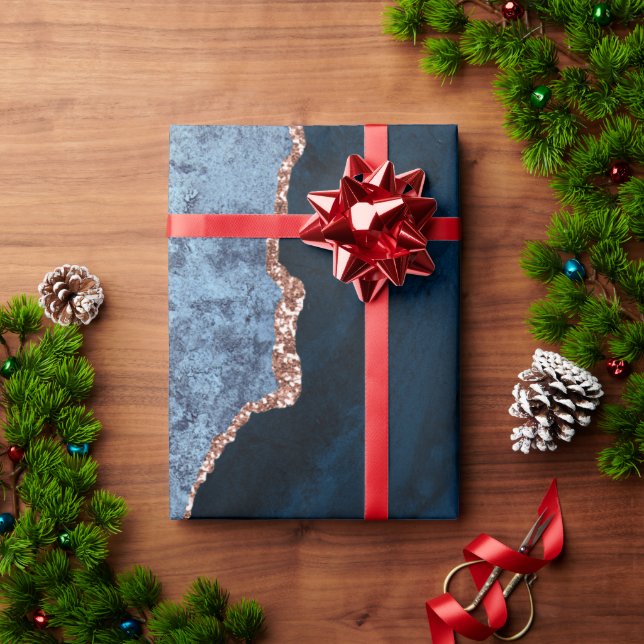 Chic Blue Rose Gold Glitzer Agate Custom Monogram Geschenkpapier (Feiertagsgeschenk)