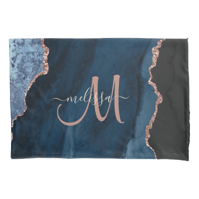 Chic Blue Rose Gold Glitzer Agate Custom Monogram Kissenbezug (Vorderseite)