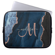 Chic Blue Rose Gold Glitzer Agate Custom Monogram