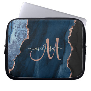 Chic Blue Rose Gold Glitzer Agate Custom Monogram Laptopschutzhülle