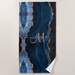 Chic Blue Rose Gold Glitzer Agate Custom Monogram Strandtuch