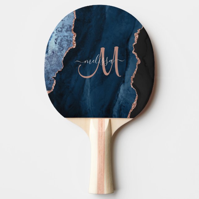Chic Blue Rose Gold Glitzer Agate Custom Monogram Tischtennis Schläger (Vorderseite)