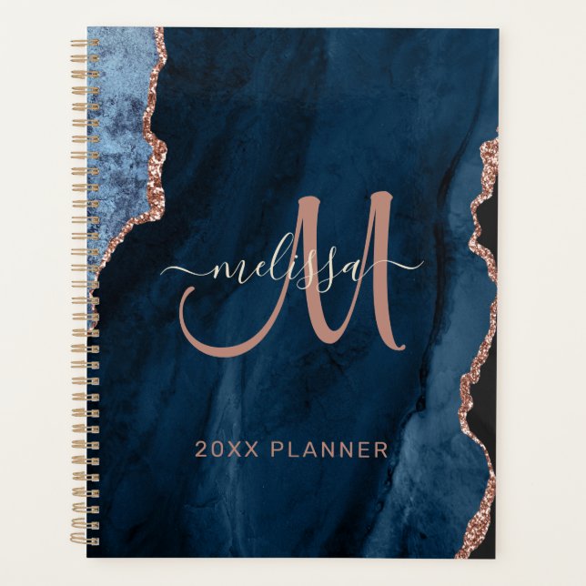Chic Blue Rose Gold Glitzer Agate Monogram 2024 Planer (Vorderseite)