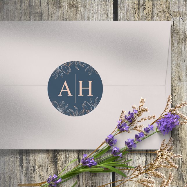 Chic Blue & Rose Gold Monogram Wedding Runder Aufkleber (Von Creator hochgeladen)