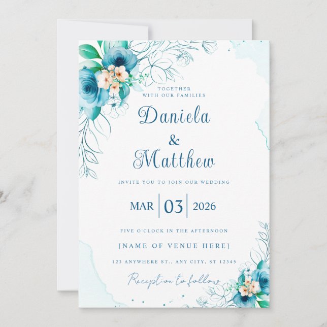 Chic Blue Rose Wedding Einladung mit QR Code (Vorderseite)