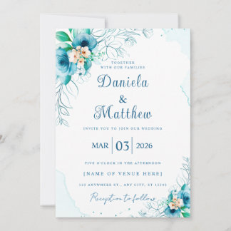 Chic Blue Rose Wedding Einladung mit QR Code