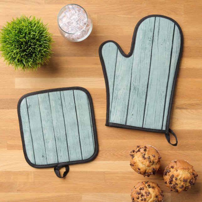 Chic Blue Rustic Wood Ofenhandschuh & Topflappen-Set (Oben Unten)