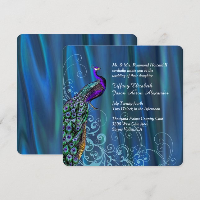 Chic Blue Satin und Peacock Hochzeit Einladung (Vorne/Hinten)