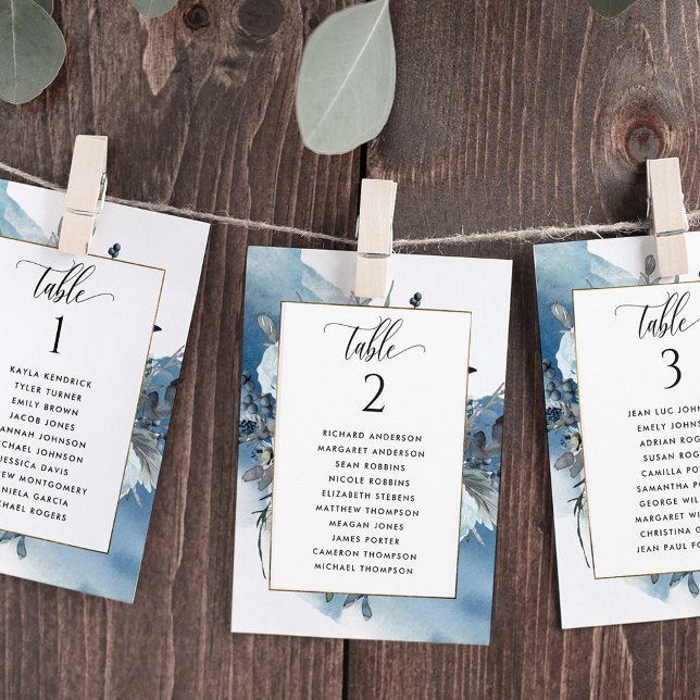 Chic Blue Seating Plan Cards mit Gästennamen (Von Creator hochgeladen)