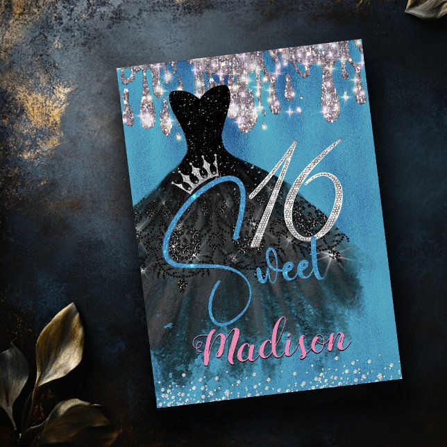 Chic Blue silber Glitzer Tropfen süß 16 Einladung (Von Creator hochgeladen)