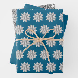 Chic Blue Silver Bows Glitzer Weihnachten Geschenkpapier Set