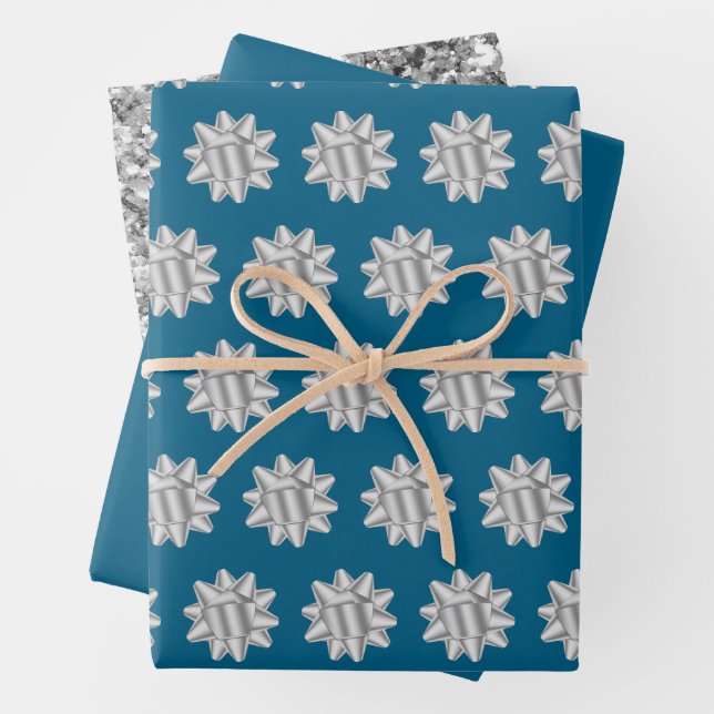 Chic Blue Silver Bows Glitzer Weihnachten Geschenkpapier Set (Beispiel)