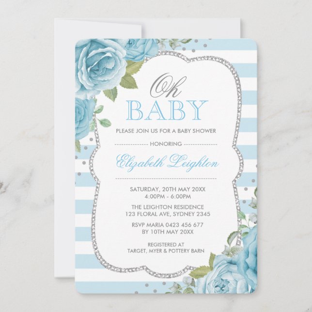 Chic Blue Silver Floral Boy Baby Dusche Einladung (Vorderseite)