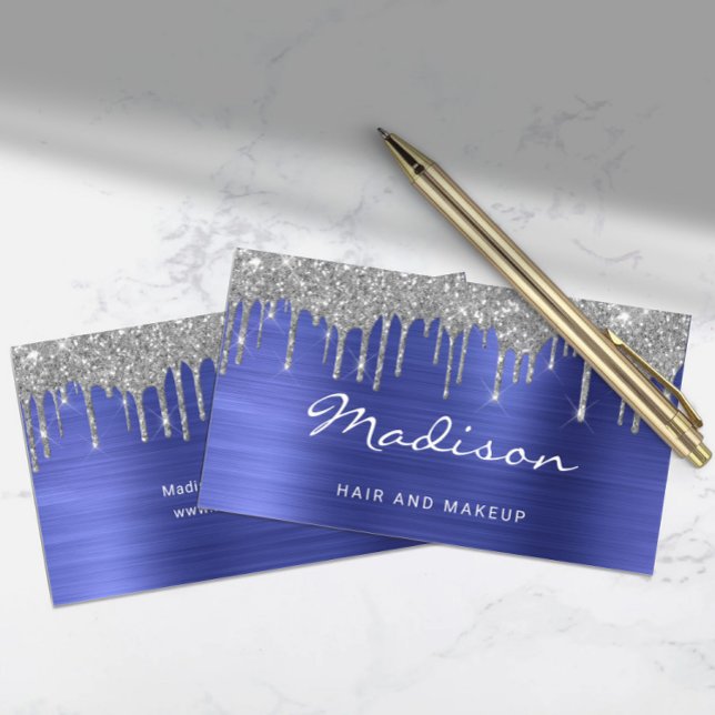 Chic Blue Silver Glitzer Tropfens Stylist Visitenkarte (Chic Blue Silver Glitter Drips Stylist Business Card)