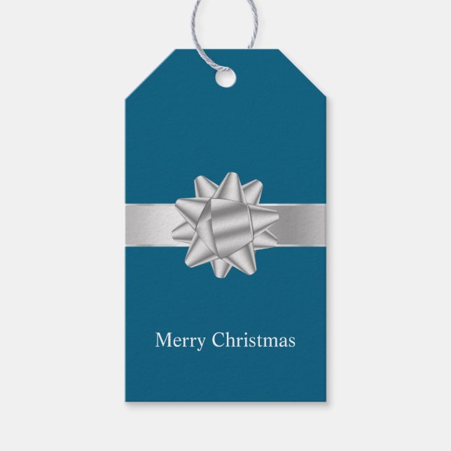 Chic Blue Silver Ribbon und Bow Weihnachten Geschenkanhänger (Vorderseite)