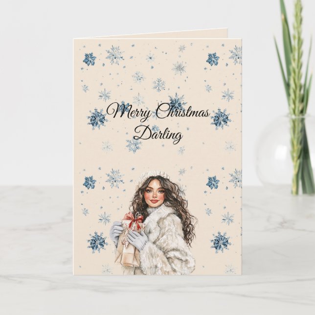 Chic Blue Snowflakes Brown Hair Female Karte (Vorderseite)