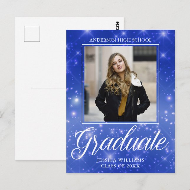 Chic Blue Sparkle Graduate Foto Abschluss Postkarte (Vorne/Hinten)