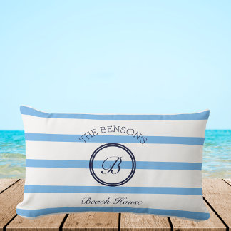 Chic Blue Stripes Monogram Family Beach House Lendenkissen