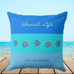 Chic Blue Stripes Muscheln Fish Family Beach House Kissen