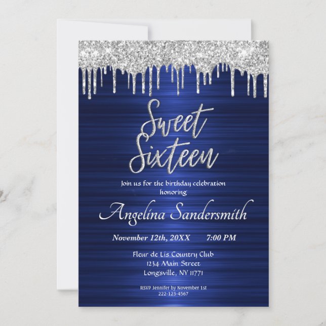 Chic Blue Sweet 16 Silver Glitzer Tropfen Einladun Einladung (Vorderseite)