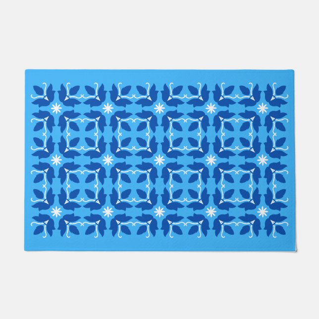 Chic Blue Tile Blume Muster große Tor Mat Fußmatte (Vorderseite)