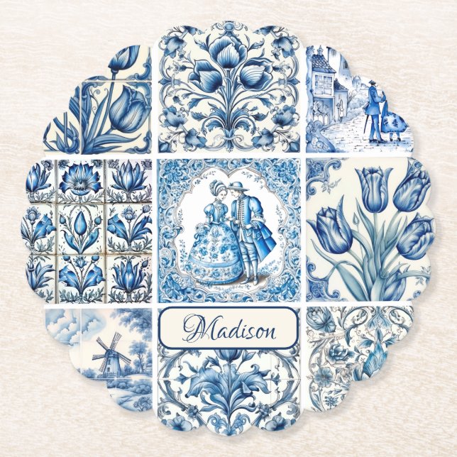 Chic Blue Toile de jouy Dolls and Blume Untersetzer (Vorderseite)