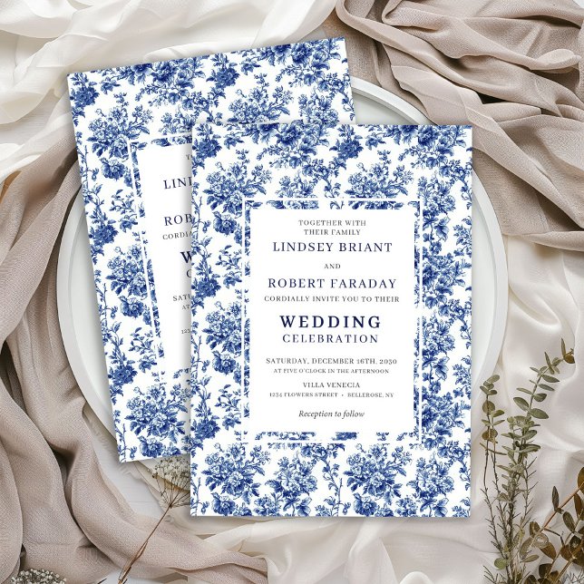 Chic Blue Toile de Jouy Elegant Wedding Invitation Einladung (Chic Blue Toile de Jouy Elegant Wedding Invitation)
