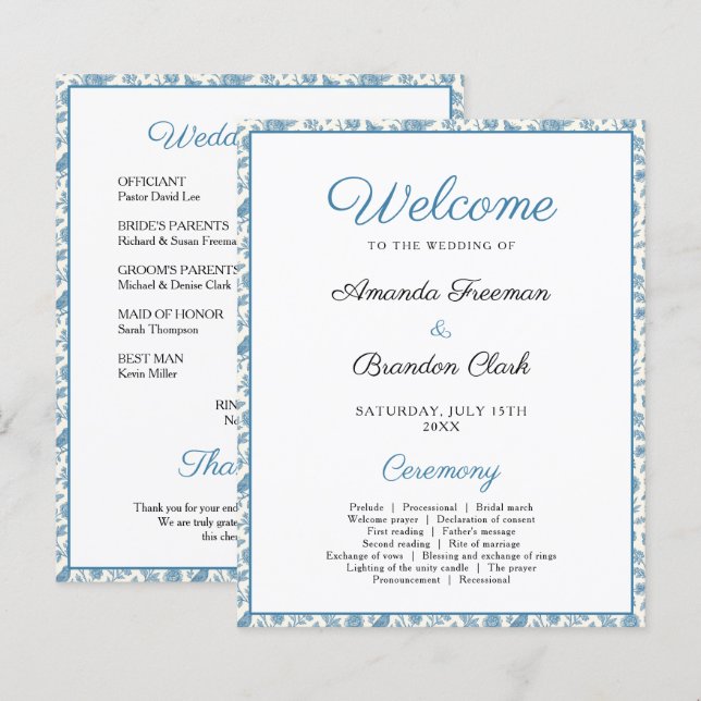 Chic Blue Toile de Jouy Floral Border Wedding (Vorne/Hinten)