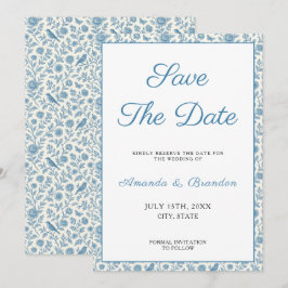 Chic Blue Toile de Jouy Floral Border Wedding Save The Date
