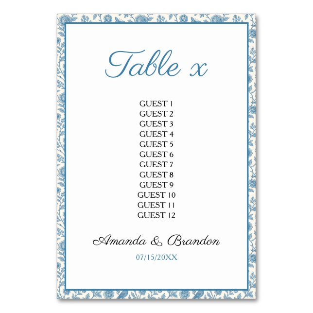 Chic Blue Toile de Jouy Floral Border Wedding Tischnummer (Vorderseite)