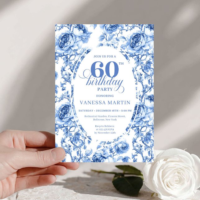 Chic Blue Toile Roses 60th Birthday Invitation  Einladung (Chic Blue Toile Roses 60th Birthday Invitation Download

)