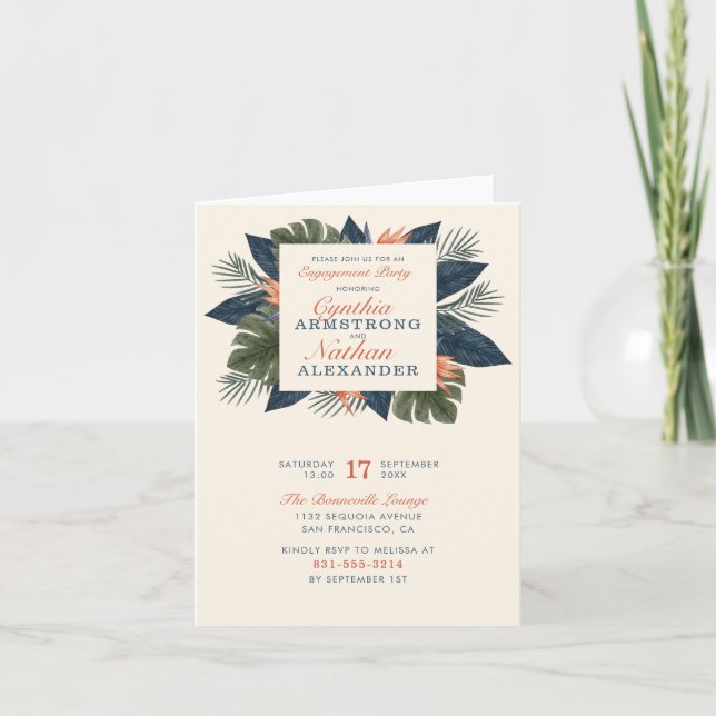 Chic Blue Tropical Blätter Einzigartige Engagement Einladung (Vorderseite)